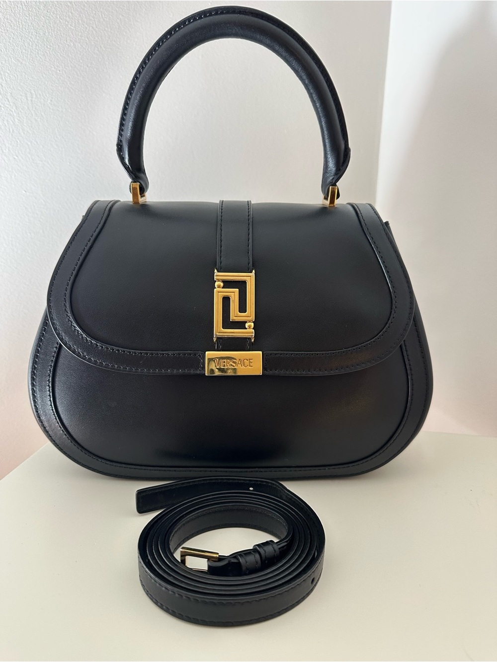 Versace Greca Goddess Black Leather Top Handle Medium Bag with Gold Hardware